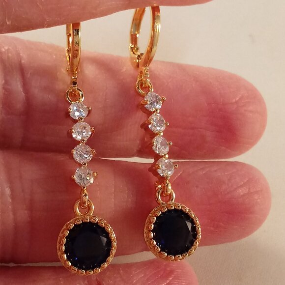 18K Yellow Gold Filled Sapphire Navy Blue White Diamond Zircon Dangle Earrings - Picture 3 of 5